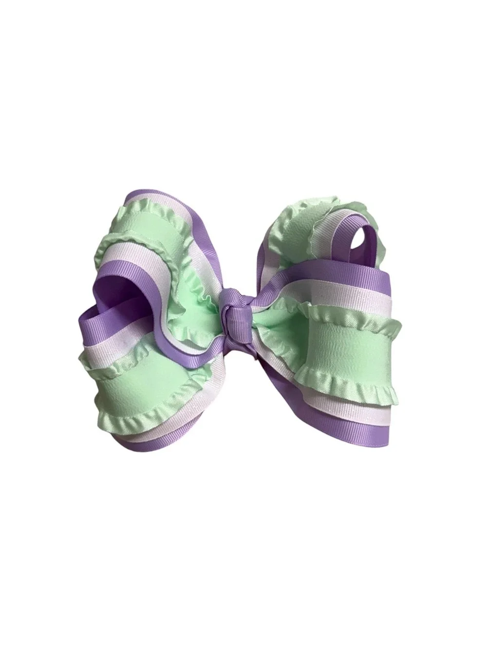 Mint Green Purple & White Ruffle Hair Bow | 5.5 Inch Stiffened Boutique Bow |